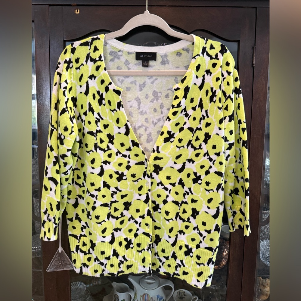 AB Studio Floral Cardigan Yellow Green Lightweight Size L